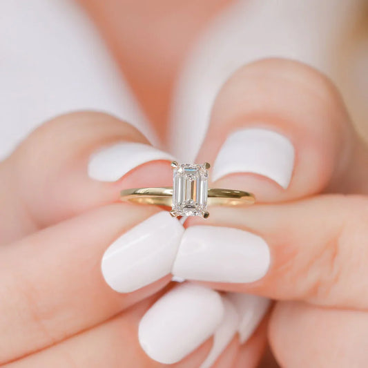 1.0CT Emerald Cut Moissanite or Lab Grown Diamond Solitaire Engagement Ring | Classic 14K Gold Wedding Ring