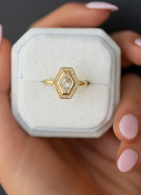 1.0CT Lozenge Cut Moissanite or Lab Grown Diamond Halo Engagement Ring | Unique Geometric 14K Gold Bridal Ring
