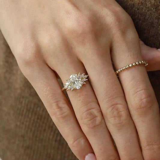 1.5 CT Oval Cut Moissanite Sunburst Halo Engagement Ring, 14K Gold Lab Grown Diamond Ring