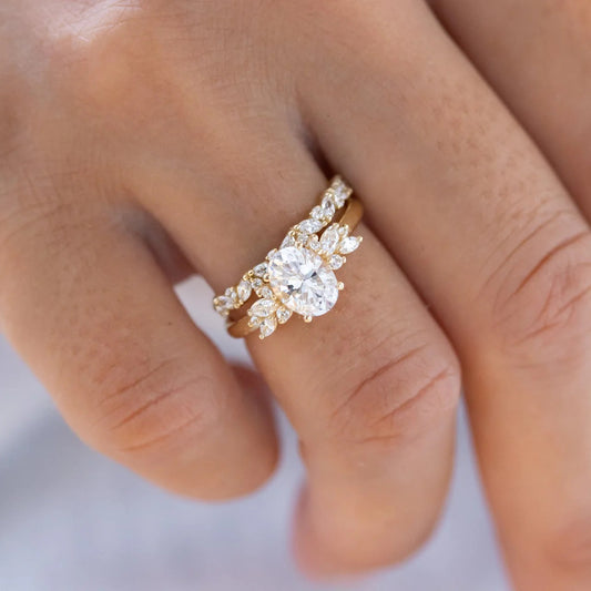 1 CT Oval Moissanite Cluster Engagement Ring – Floral Inspired 14K Solid Gold Ring for Her