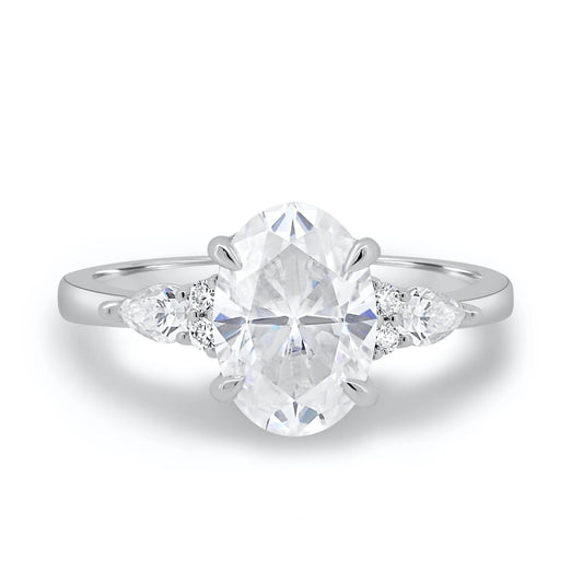2.0CT Oval Cut Moissanite or Lab Grown Diamond Engagement Ring with Pear & Round Side Stones | 14K Gold Wedding Ring