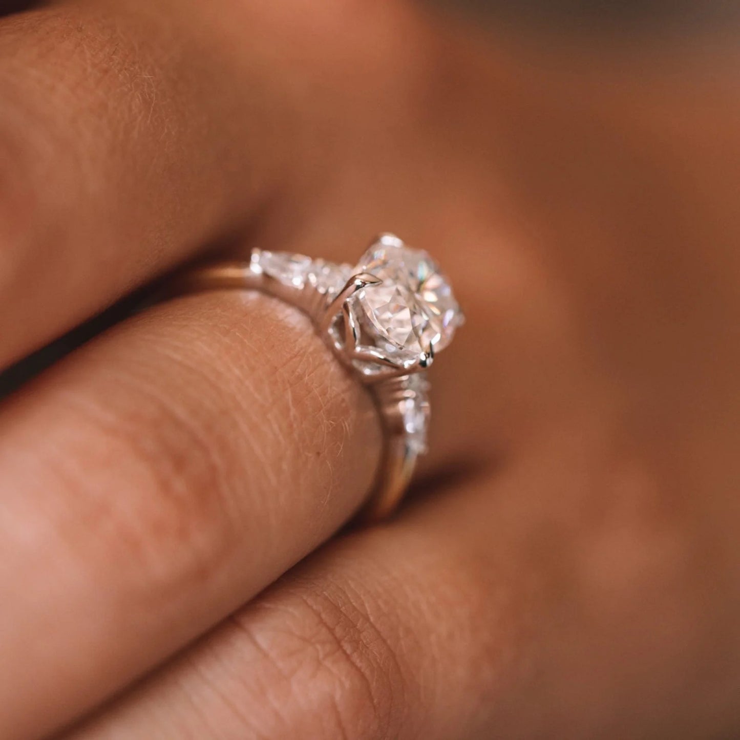2.0CT Oval Cut Moissanite or Lab Grown Diamond Engagement Ring with Pear & Round Side Stones | 14K Gold Wedding Ring