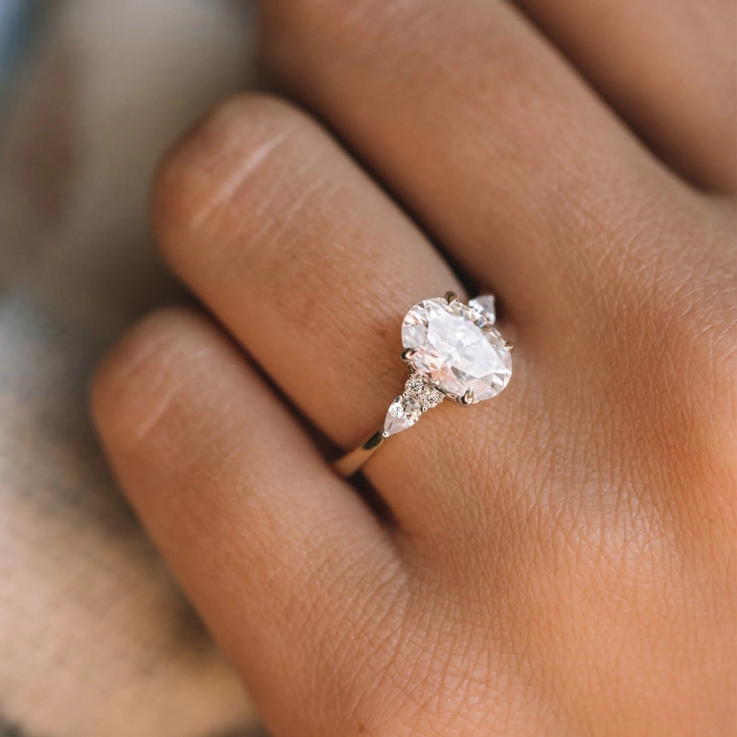 2.0CT Oval Cut Moissanite or Lab Grown Diamond Engagement Ring with Pear & Round Side Stones | 14K Gold Wedding Ring