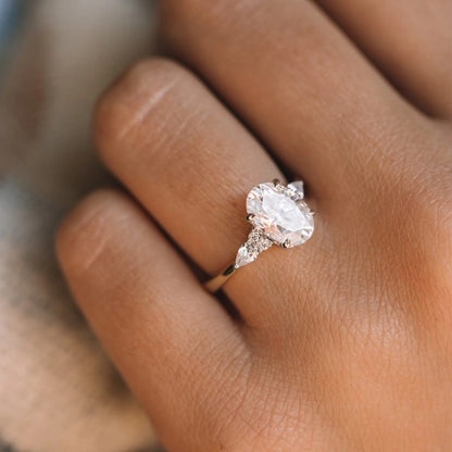 2.0CT Oval Cut Moissanite or Lab Grown Diamond Engagement Ring with Pear & Round Side Stones | 14K Gold Wedding Ring