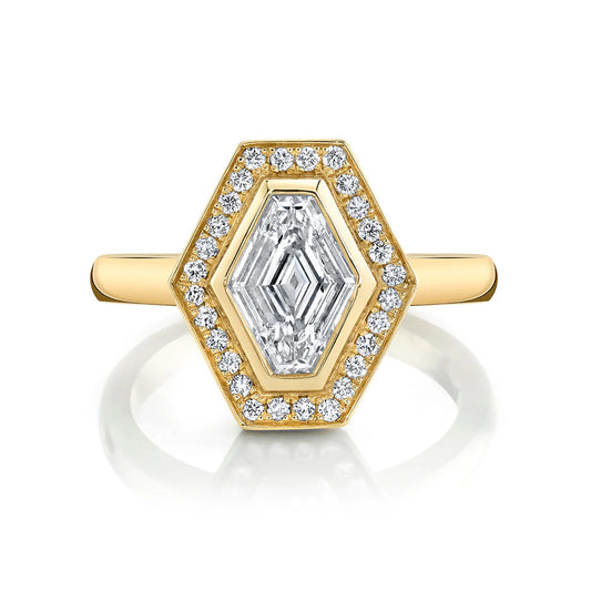 1.0CT Lozenge Cut Moissanite or Lab Grown Diamond Halo Engagement Ring | Unique Geometric 14K Gold Bridal Ring