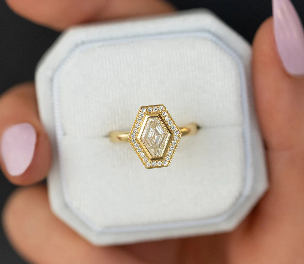 1.0CT Lozenge Cut Moissanite or Lab Grown Diamond Halo Engagement Ring | Unique Geometric 14K Gold Bridal Ring