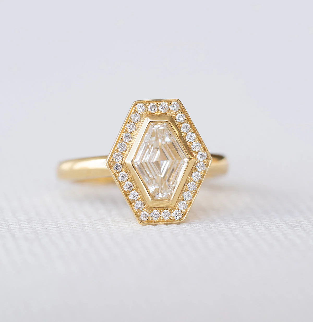 1.0CT Lozenge Cut Moissanite or Lab Grown Diamond Halo Engagement Ring | Unique Geometric 14K Gold Bridal Ring
