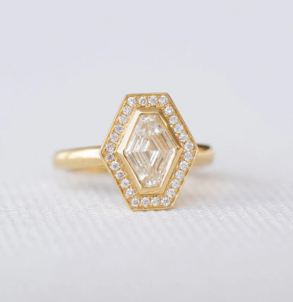 1.0CT Lozenge Cut Moissanite or Lab Grown Diamond Halo Engagement Ring | Unique Geometric 14K Gold Bridal Ring