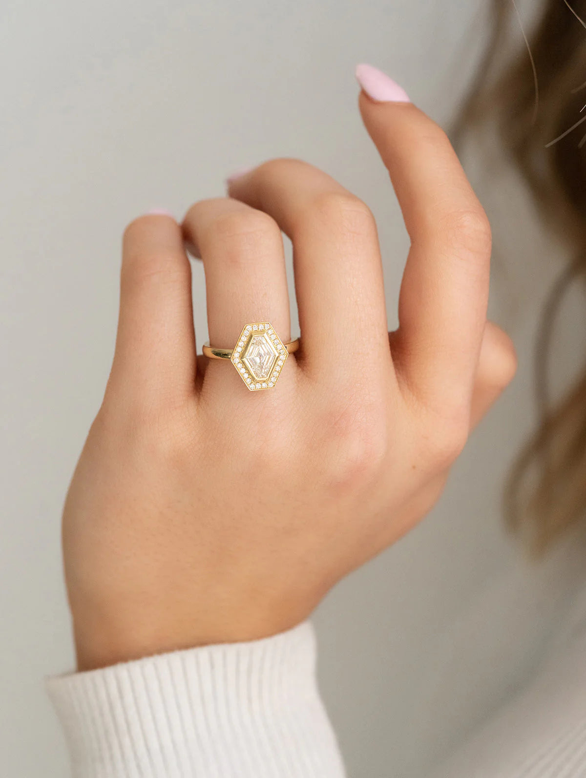 1.0CT Lozenge Cut Moissanite or Lab Grown Diamond Halo Engagement Ring | Unique Geometric 14K Gold Bridal Ring