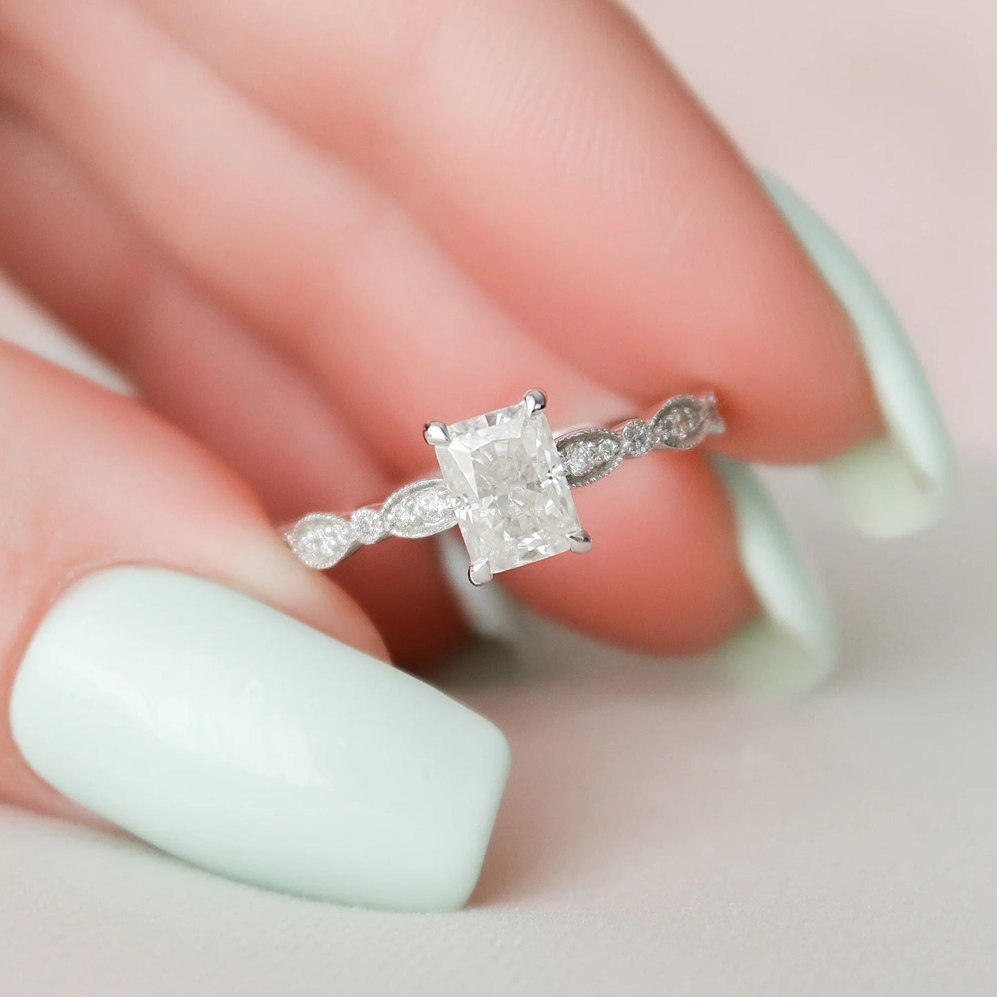 3.0CT Radiant Cut Moissanite or Lab Grown Diamond Pave Engagement Ring | Unique 14K Gold Bridal Ring