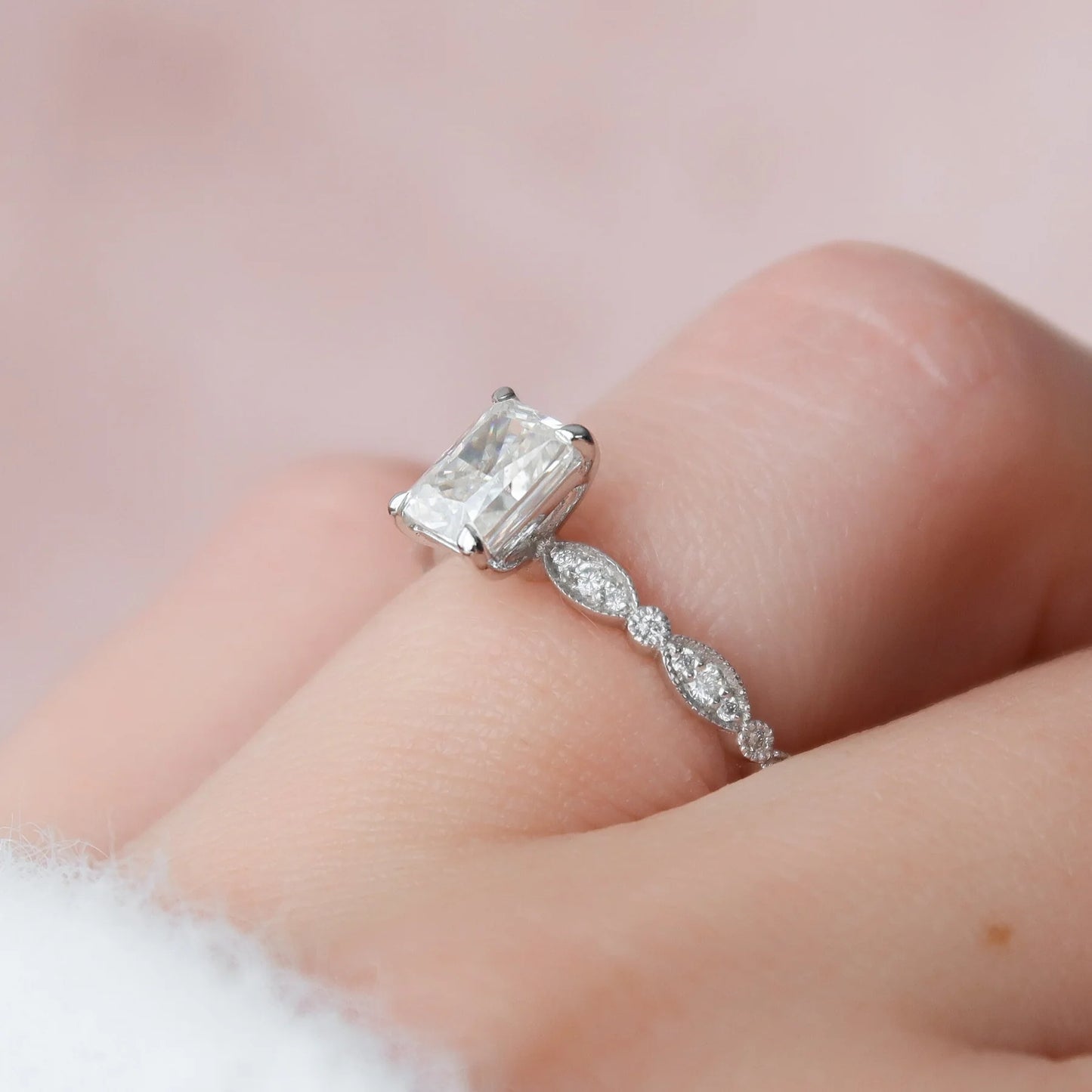 3.0CT Radiant Cut Moissanite or Lab Grown Diamond Pave Engagement Ring | Unique 14K Gold Bridal Ring