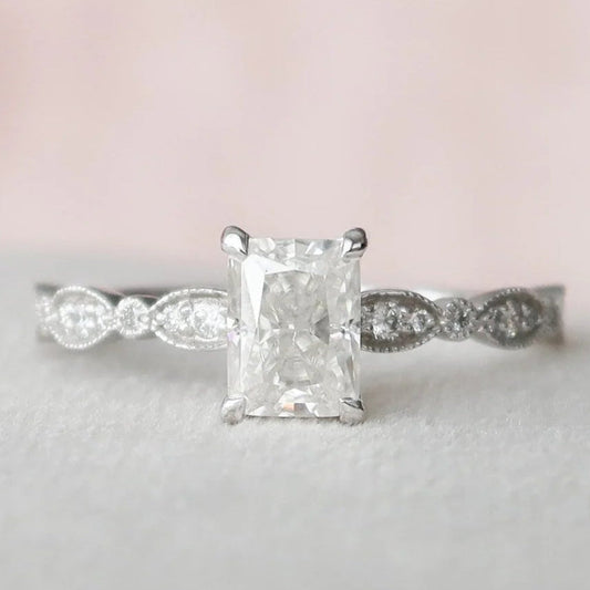 3.0CT Radiant Cut Moissanite or Lab Grown Diamond Pave Engagement Ring | Unique 14K Gold Bridal Ring