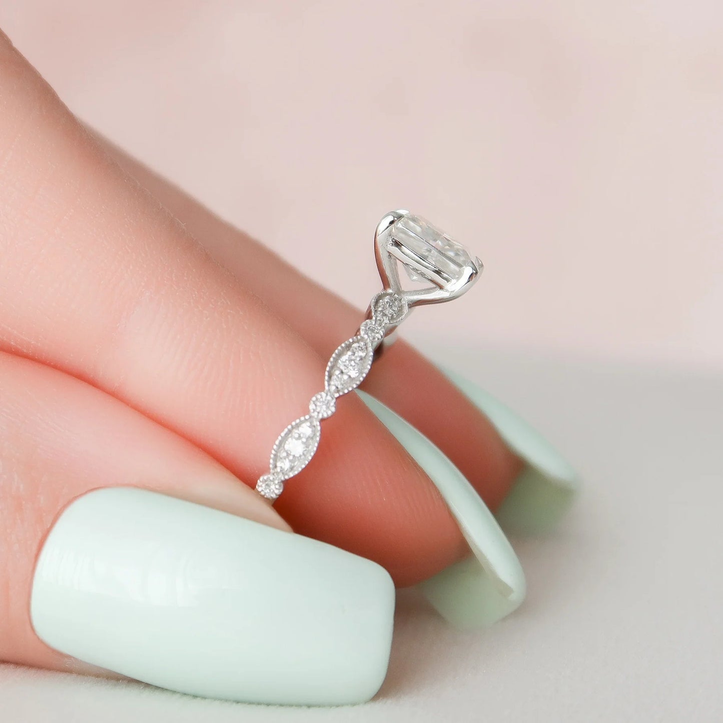 3.0CT Radiant Cut Moissanite or Lab Grown Diamond Pave Engagement Ring | Unique 14K Gold Bridal Ring