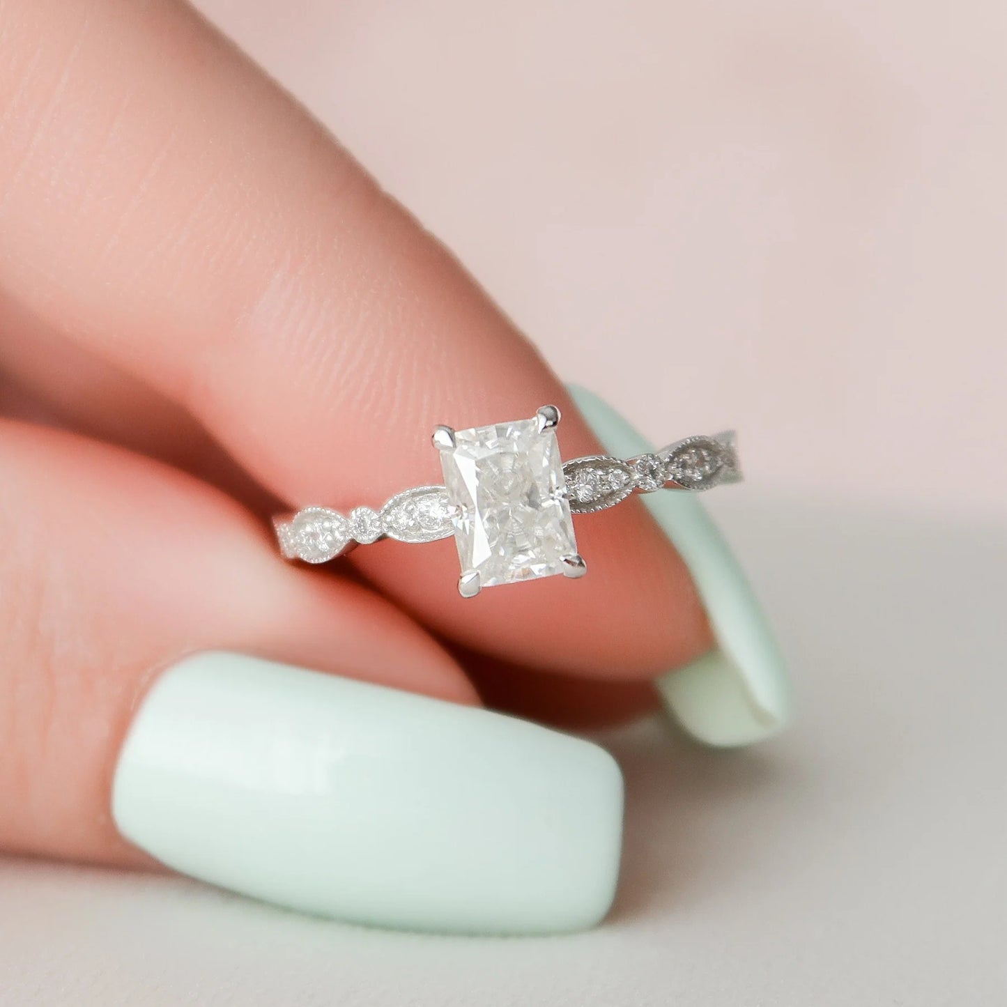 3.0CT Radiant Cut Moissanite or Lab Grown Diamond Pave Engagement Ring | Unique 14K Gold Bridal Ring