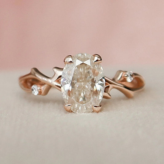 2.0CT Oval Cut Moissanite or Lab Grown Diamond Twig Engagement Ring | Nature Inspired 14K Gold Bridal Ring