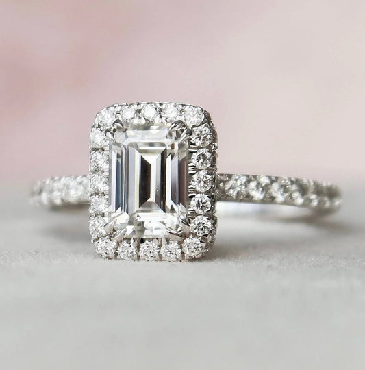 1.0CT Emerald Cut Halo Moissanite Engagement Ring