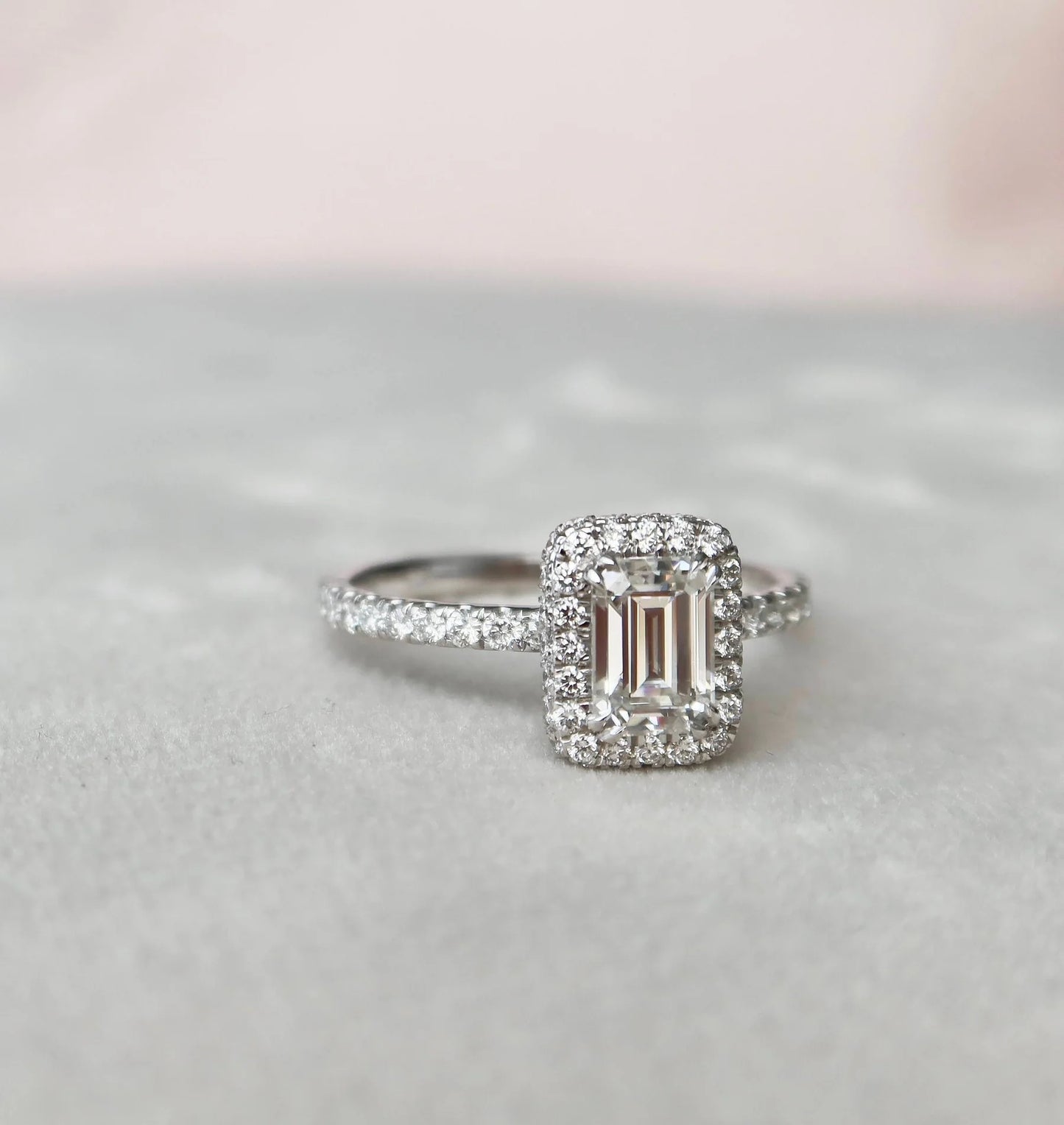 1.0CT Emerald Cut Halo Moissanite Engagement Ring