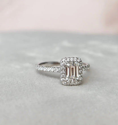 1.0CT Emerald Cut Halo Moissanite Engagement Ring