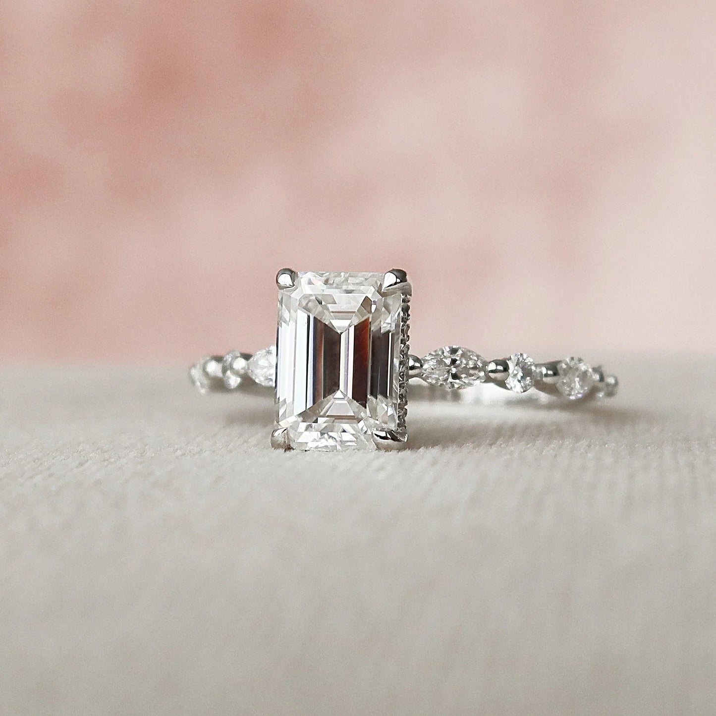 4.0CT Emerald Cut Moissanite Hidden Halo Engagement Ring