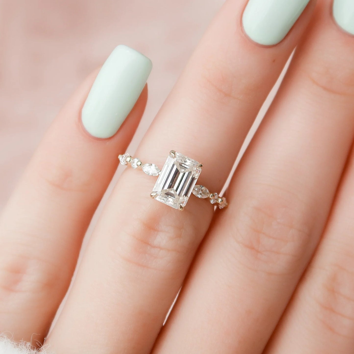4.0CT Emerald Cut Moissanite Hidden Halo Engagement Ring