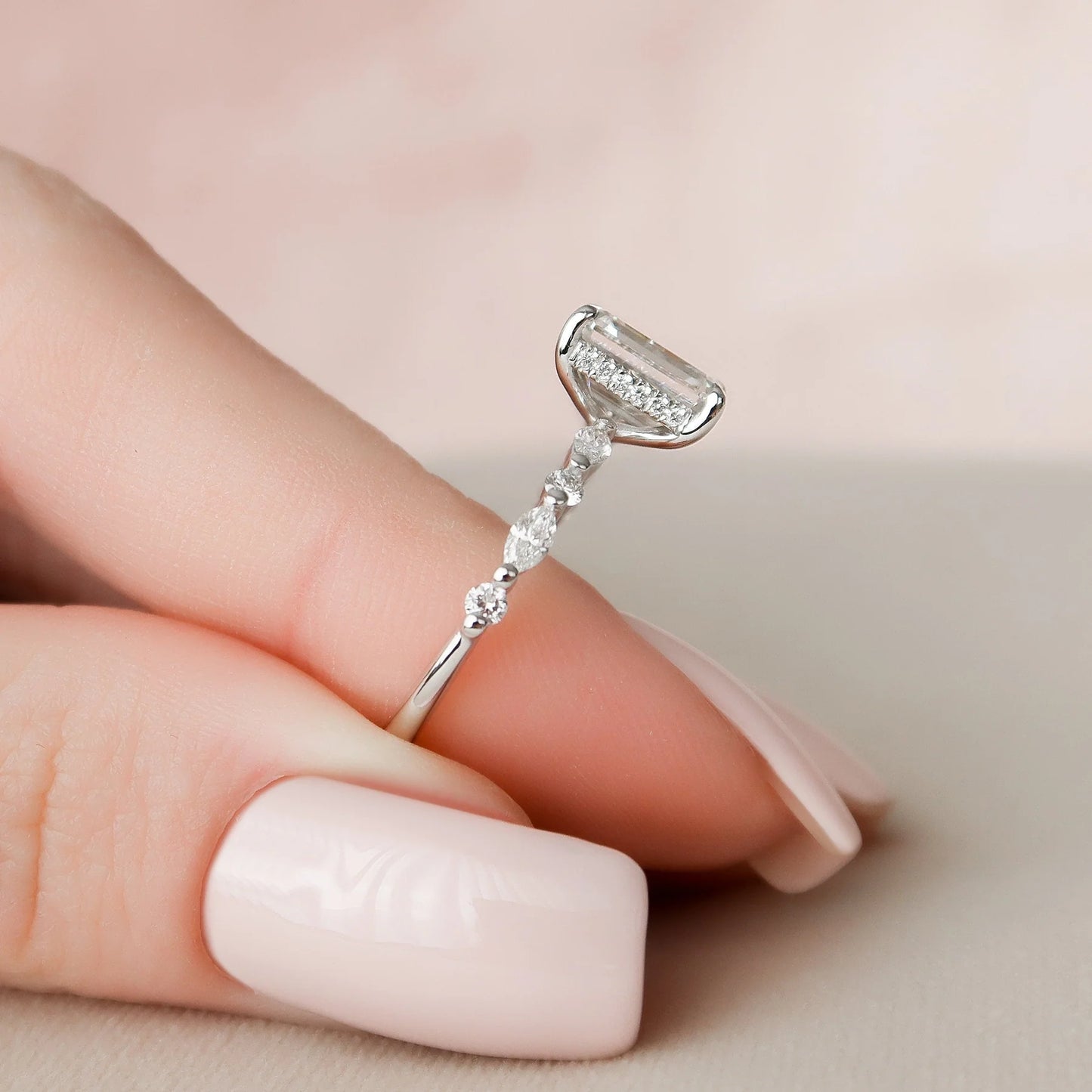 4.0CT Emerald Cut Moissanite Hidden Halo Engagement Ring