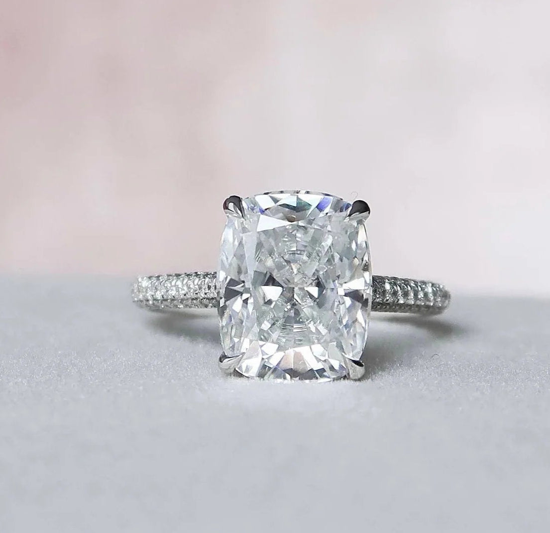 6.0CT Elongated Cushion Cut Moissanite Hidden Halo Three Side Pave Engagement Ring