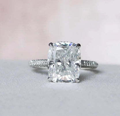 6.0CT Elongated Cushion Cut Moissanite Hidden Halo Three Side Pave Engagement Ring