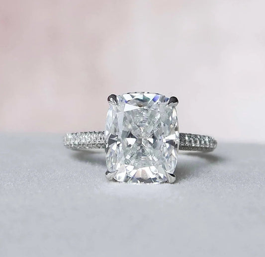 6.0CT Elongated Cushion Cut Moissanite Hidden Halo Three Side Pave Engagement Ring