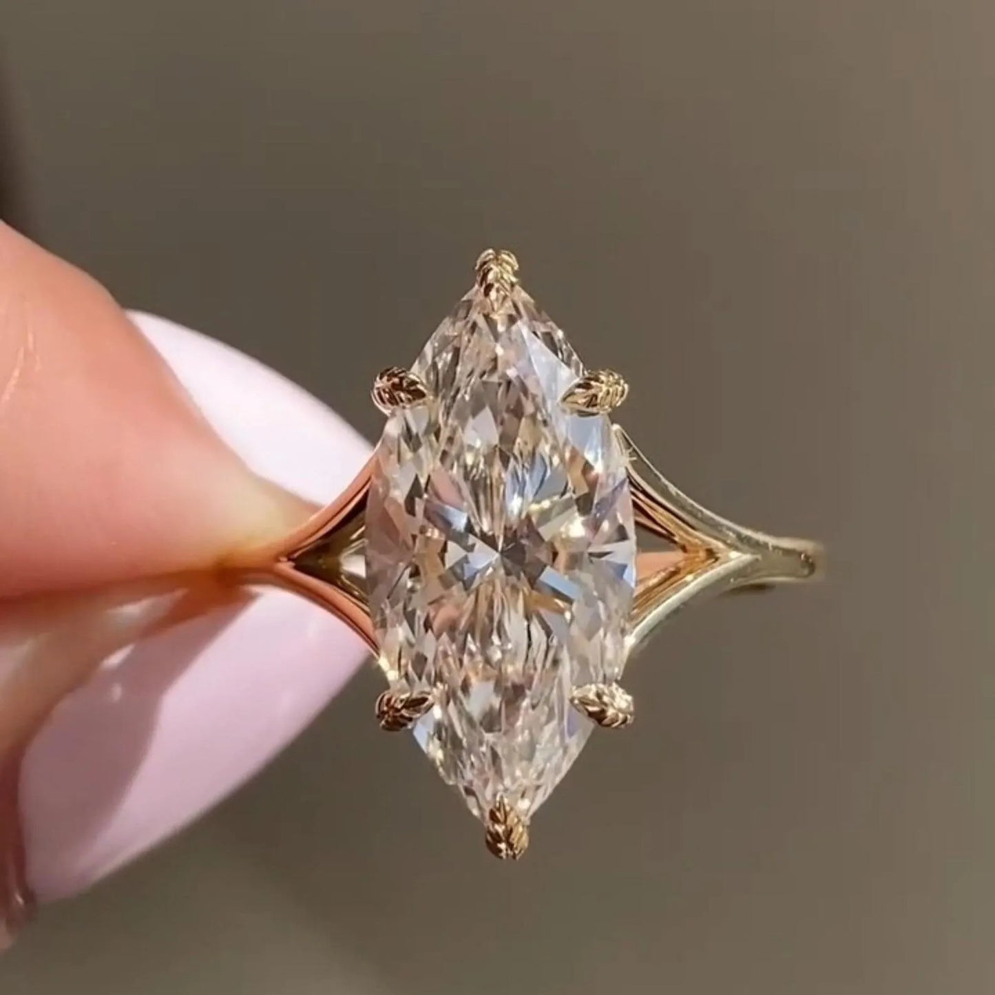 3 CT Marquise Cut Moissanite or Lab Grown Diamond Engagement Ring, Leaf Prong Split Shank Solitaire, 14K Gold Vintage Wedding Ring