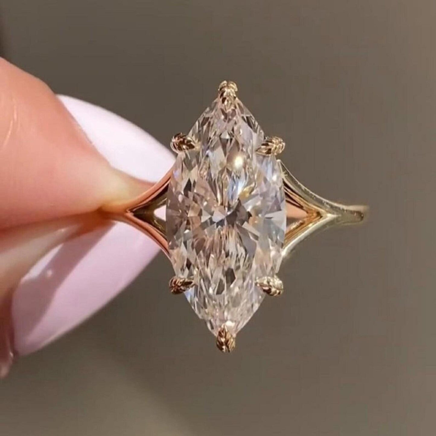 3 CT Marquise Cut Moissanite or Lab Grown Diamond Engagement Ring, Leaf Prong Split Shank Solitaire, 14K Gold Vintage Wedding Ring