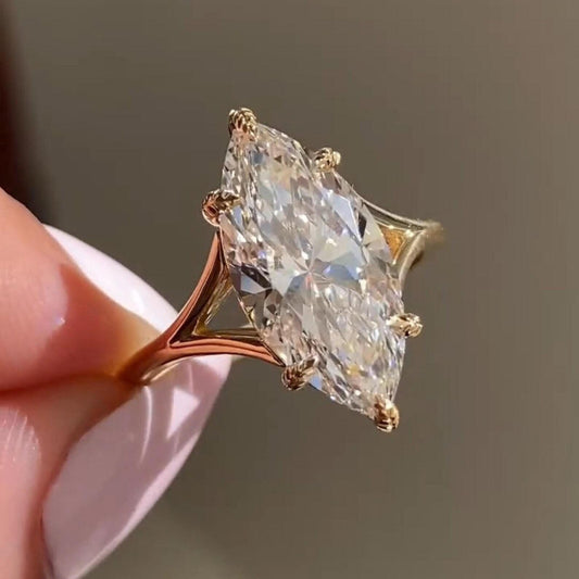 3 CT Marquise Cut Moissanite or Lab Grown Diamond Engagement Ring, Leaf Prong Split Shank Solitaire, 14K Gold Vintage Wedding Ring