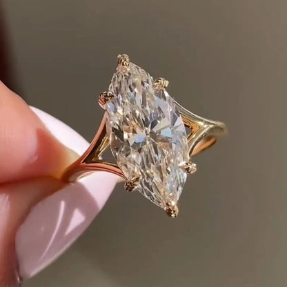 3 CT Marquise Cut Moissanite or Lab Grown Diamond Engagement Ring, Leaf Prong Split Shank Solitaire, 14K Gold Vintage Wedding Ring