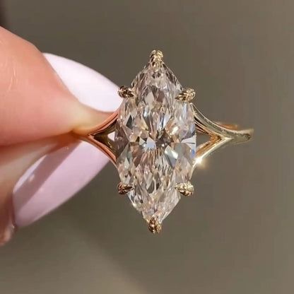 3 CT Marquise Cut Moissanite or Lab Grown Diamond Engagement Ring, Leaf Prong Split Shank Solitaire, 14K Gold Vintage Wedding Ring