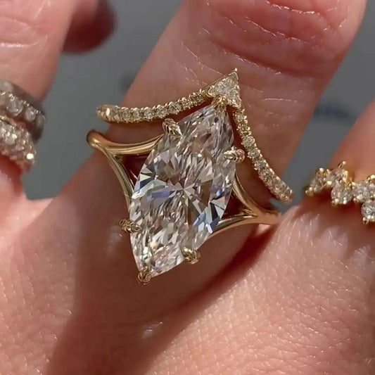 4 CT Marquise Cut Moissanite Engagement Ring Set in 14K Yellow Gold – Vintage Solitaire Bridal Ring with Promise Band