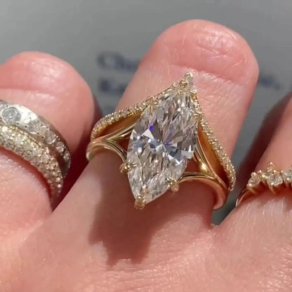 4 CT Marquise Cut Moissanite Engagement Ring Set in 14K Yellow Gold – Vintage Solitaire Bridal Ring with Promise Band