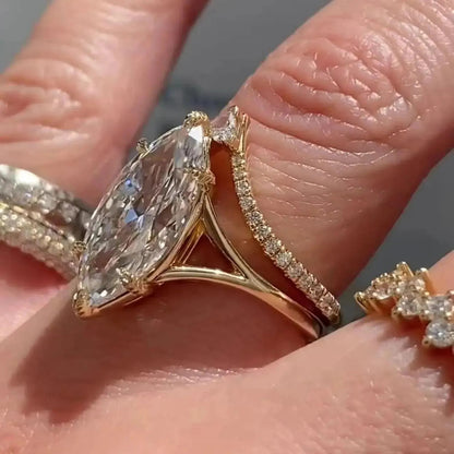 4 CT Marquise Cut Moissanite Engagement Ring Set in 14K Yellow Gold – Vintage Solitaire Bridal Ring with Promise Band