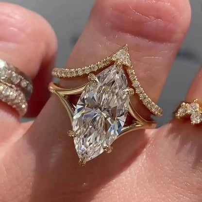 4 CT Marquise Cut Moissanite Engagement Ring Set in 14K Yellow Gold – Vintage Solitaire Bridal Ring with Promise Band
