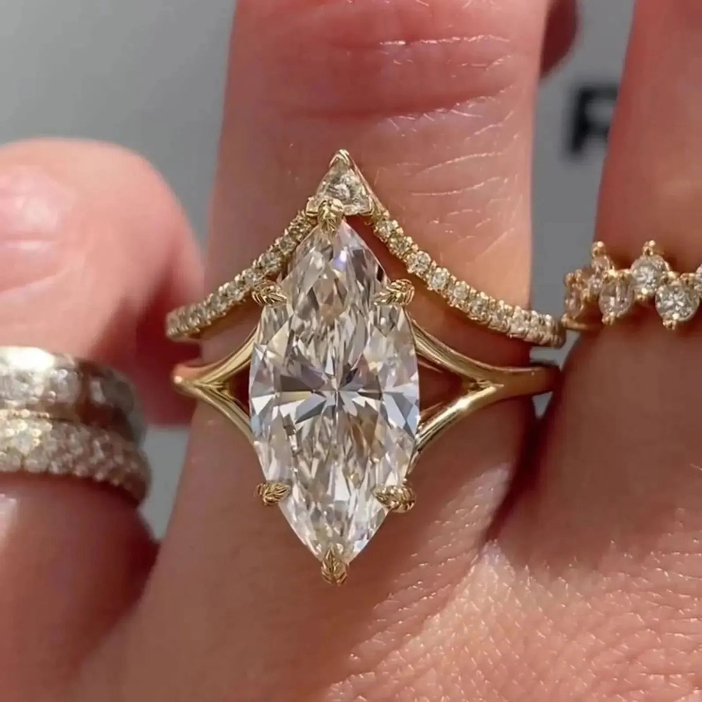 4 CT Marquise Cut Moissanite Engagement Ring Set in 14K Yellow Gold – Vintage Solitaire Bridal Ring with Promise Band