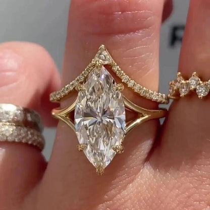 4 CT Marquise Cut Moissanite Engagement Ring Set in 14K Yellow Gold – Vintage Solitaire Bridal Ring with Promise Band