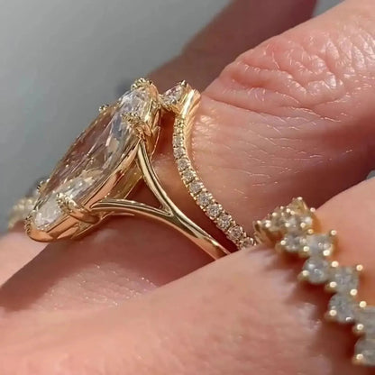 4 CT Marquise Cut Moissanite Engagement Ring Set in 14K Yellow Gold – Vintage Solitaire Bridal Ring with Promise Band