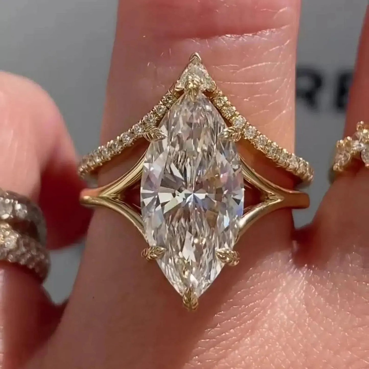 4 CT Marquise Cut Moissanite Engagement Ring Set in 14K Yellow Gold – Vintage Solitaire Bridal Ring with Promise Band