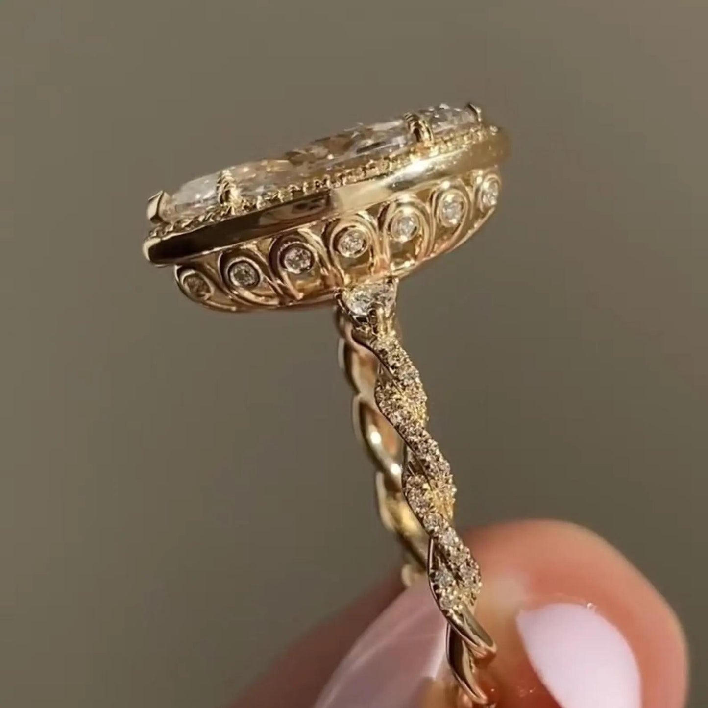 4CT Marquise Cut Halo Engagement Ring | Moissanite & Lab Diamond | 14K Gold Vintage Ring