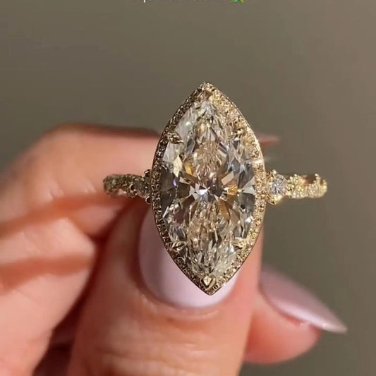 4CT Marquise Cut Halo Engagement Ring | Moissanite & Lab Diamond | 14K Gold Vintage Ring