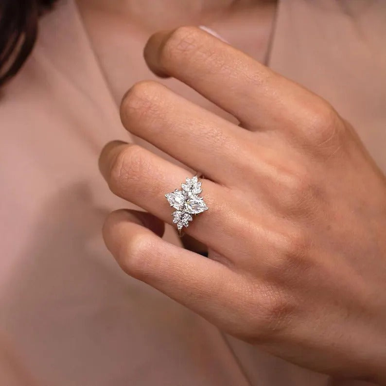 Marquise Moissanite Engagement Ring with Leaf Cluster Side Stones – 14K Gold Nature-Inspired Floral Ring – Vintage Style Bridal Ring