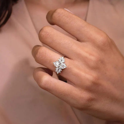 Marquise Moissanite Engagement Ring with Leaf Cluster Side Stones – 14K Gold Nature-Inspired Floral Ring – Vintage Style Bridal Ring