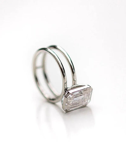 Emerald Cut Moissanite Solitaire Ring, Double Band Minimalist Ring in 14K White Gold Ring, Emerald Lab Grown Diamond Ring