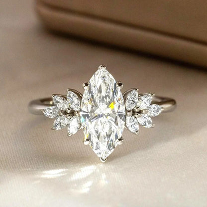 Marquise Moissanite Engagement Ring with Leaf Cluster Side Stones – 14K Gold Nature-Inspired Floral Ring – Vintage Style Bridal Ring