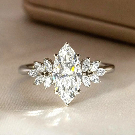 Marquise Moissanite Engagement Ring with Leaf Cluster Side Stones – 14K Gold Nature-Inspired Floral Ring – Vintage Style Bridal Ring
