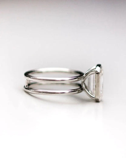 Emerald Cut Moissanite Solitaire Ring, Double Band Minimalist Ring in 14K White Gold Ring, Emerald Lab Grown Diamond Ring