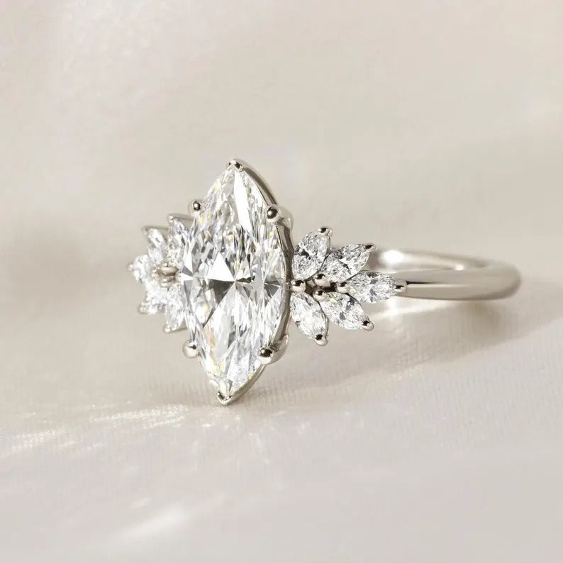 Marquise Moissanite Engagement Ring with Leaf Cluster Side Stones – 14K Gold Nature-Inspired Floral Ring – Vintage Style Bridal Ring